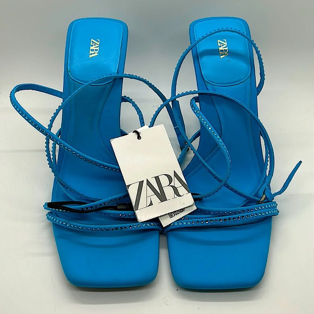 Zara NWT Brilliant Blue Jeweled Strappy High Heel Shoes **Size 36/US Size 6** - Picture 2 of 7